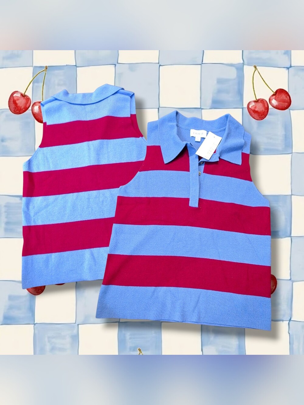 Evereve Sleeveless Polo Tank in Light Blue and Fuchsia Stripes